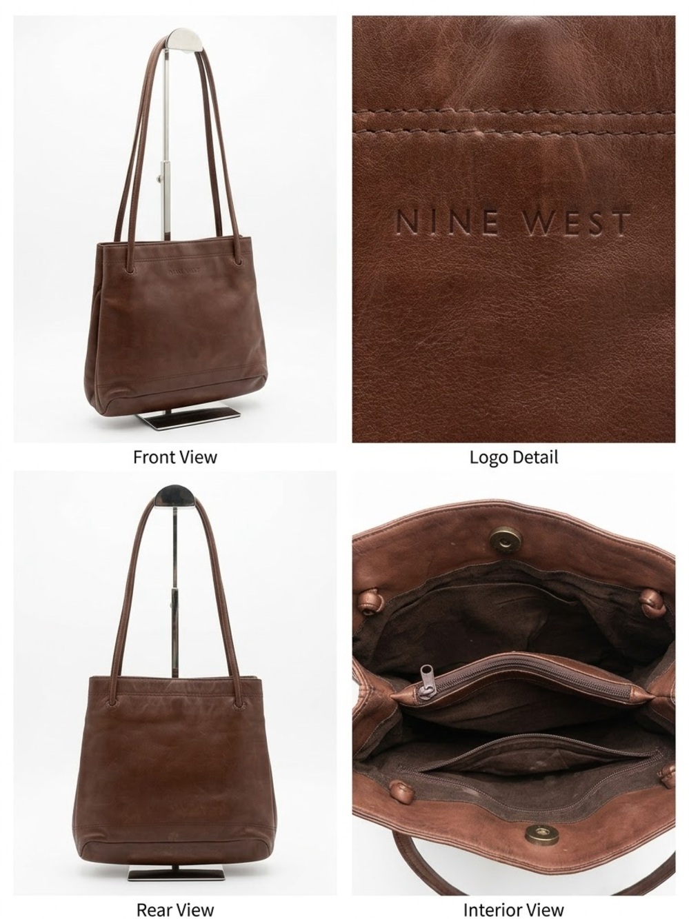 Nine West Vintage Brown Genuine Leather Shoulder Tote Bag Multi Compartment Y2K